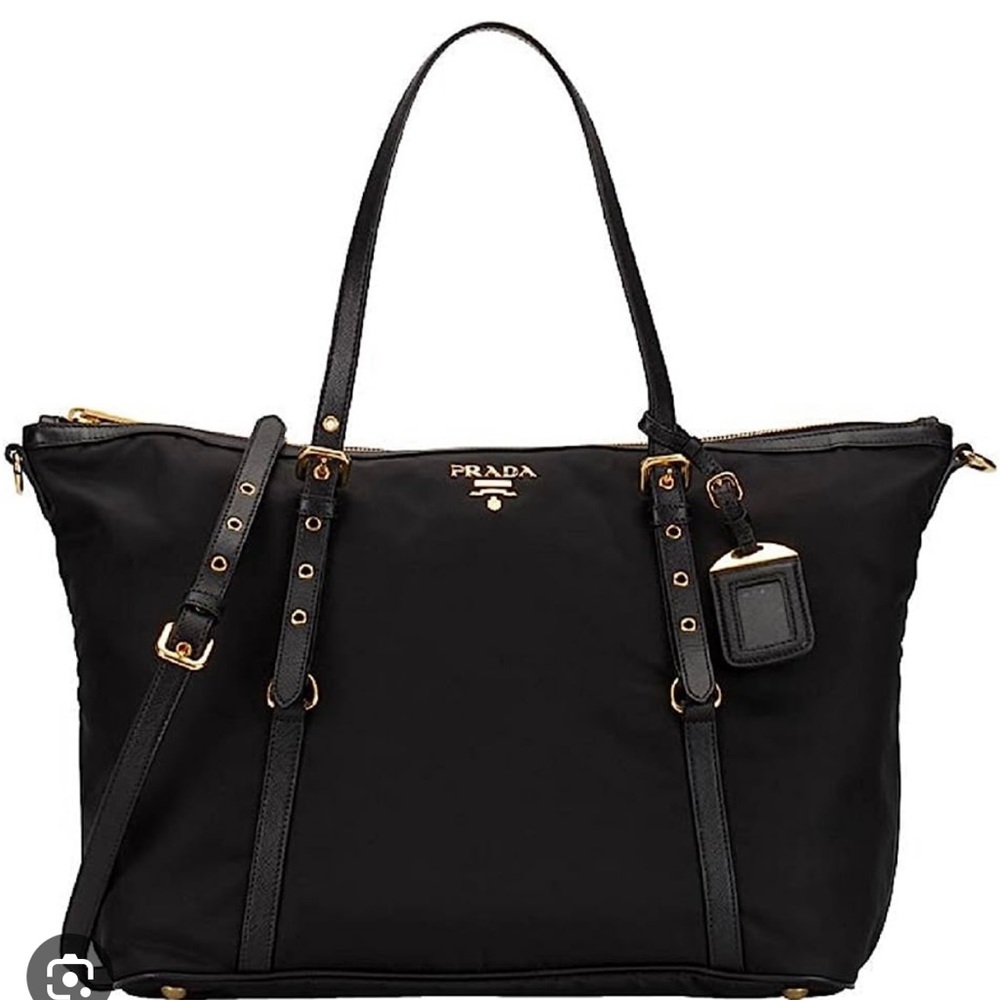 Prada Tessuto Nylon Saffiano Leather Black Top Zip Tote Bag